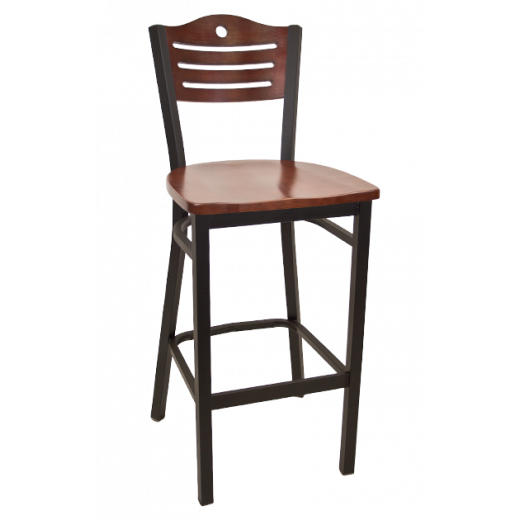 Circle & 3 Slats Back Wooden Seat Metal Barstool w/ Back & Seat in Dark Mahogany
