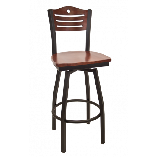 Circle & 3 Slats Back Wooden Seat Metal Swivel Barstool w/ Back & Seat in Dark Mahogany