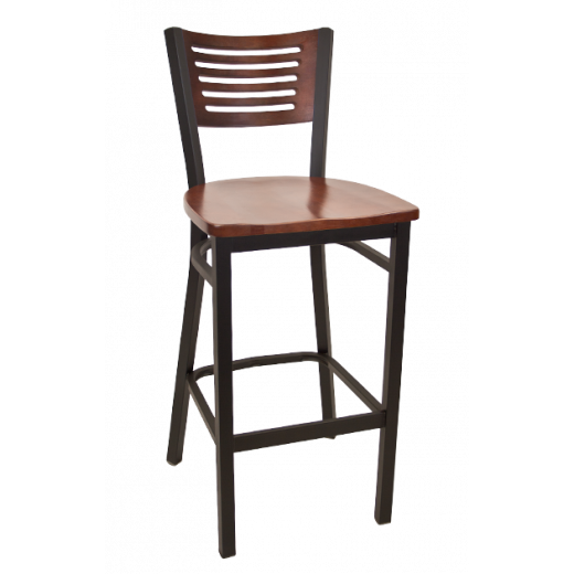 5 Slats Back Wooden Seat Metal Swivel Barstool w/ Back & Seat in Dark Mahogany