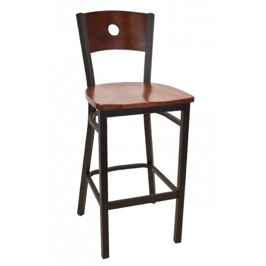 Circle in Back Wooden Seat Metal Barstool w/ Back & Seat in Dark Mahogany