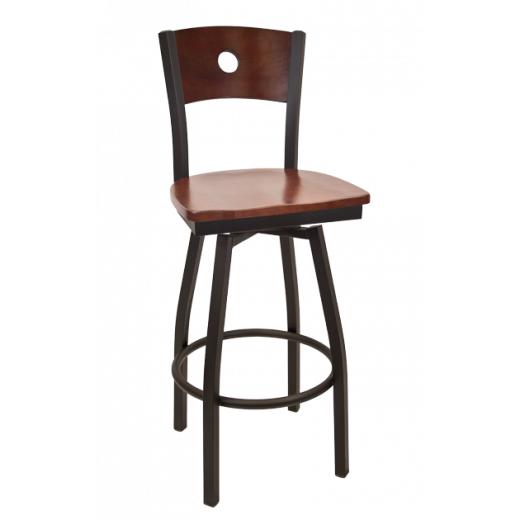 Circle in Back Wooden Seat Metal Swivel Barstool w/ Back & Seat in Dark Mahogany