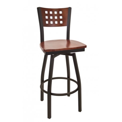 Lattice Back Wood Seat Metal Swival Barstool w/ Back & Seat in Dark Mahogany