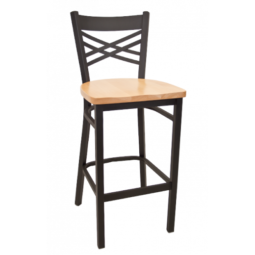 Black Metal Barstool w/ X Back & Wood Seat