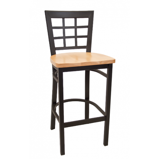 Black Metal Barstool w/ Window Back & Wood Seat