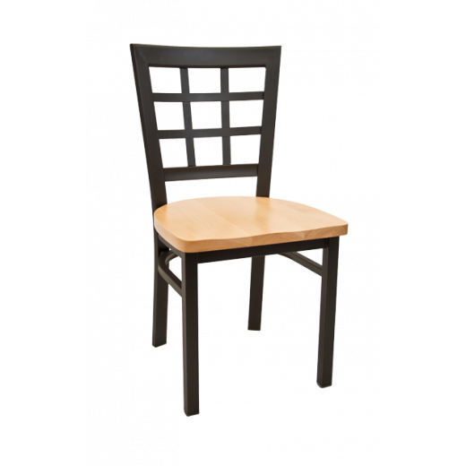 Black Metal Chair w/ Window Back & Wood Seat