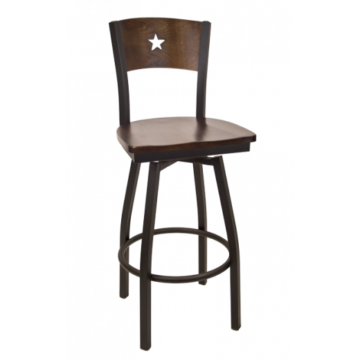 Star Back Wooden Seat Metal Swivel Barstool w/ Back & Seat in Walnut