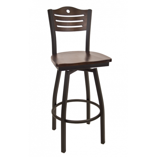 Circle & 3 Slats Back Wooden Seat Metal Swivel Barstool w/ Back & Seat in Walnut
