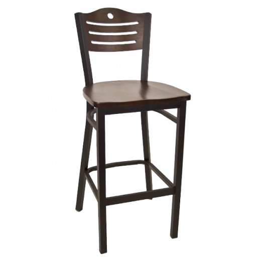 Circle & 3 Slats Back Wooden Seat Metal Barstool w/ Back & Seat in Walnut