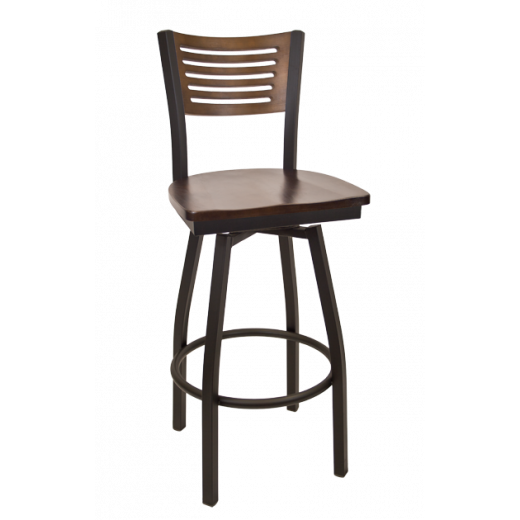 5 Slats Back Wooden Seat Metal Swivel Barstool w/ Back & Seat in Walnut