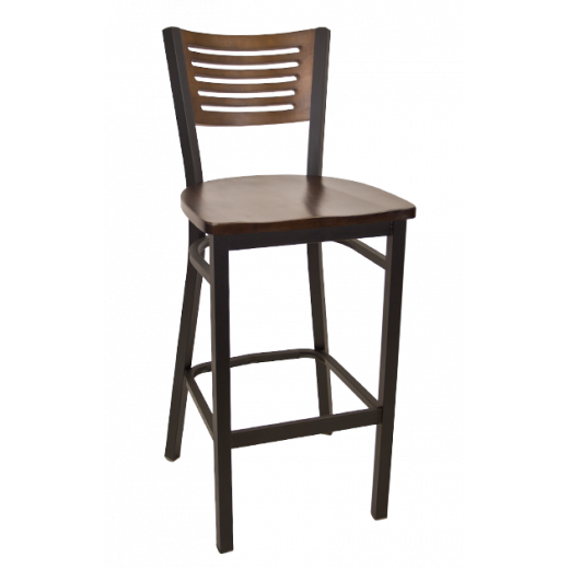 5 Slats Back Wooden Seat Metal Barstool w/ Back & Seat in Walnut