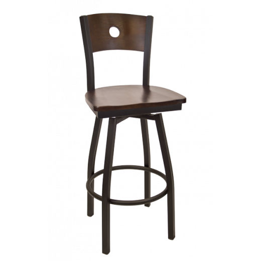 Circle in Back Wooden Seat Metal Swivel Barstool w/ Back & Seat in Walnut
