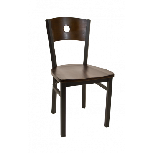 Circled Veneer Back Metal Chair w/ Wooden Seat in Walnut