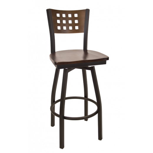 Lattice Back Wood Seat Metal Swival Barstool w/ Back & Seat in Walnut
