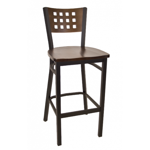 Lattice Back Wooden  Seat Metal Barstool w/ Back & Seat in Walnut