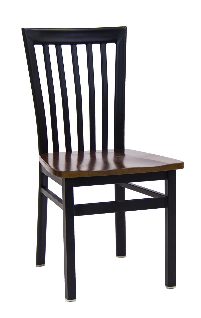 Black Metal Chair w/ Elongated Vertical Back & Wood Seat