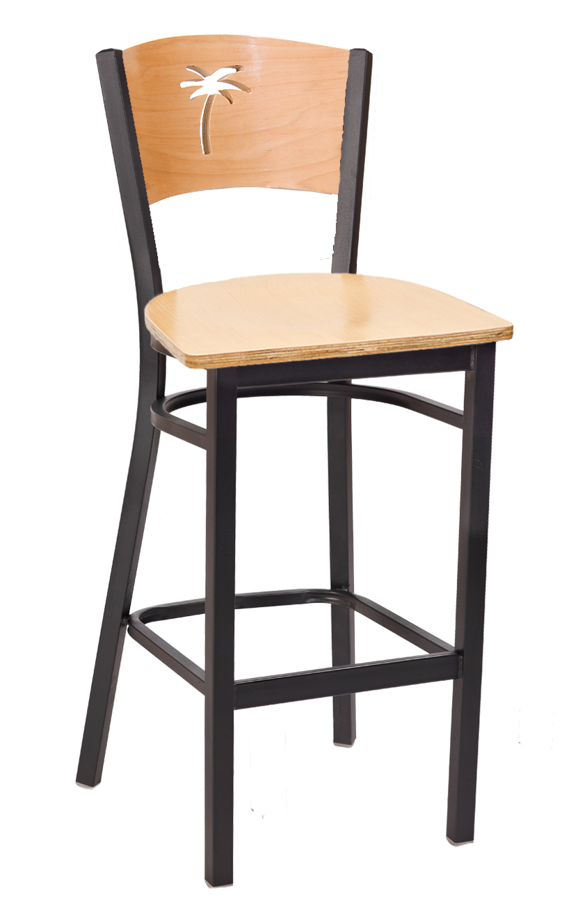 Palm Tree Cutout Veneer Seat Metal Barstool w/ Natural Seat & Back