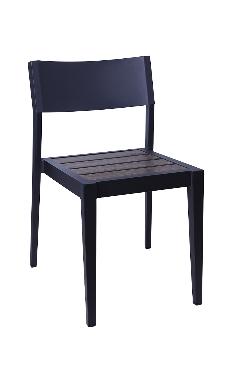 Outdoor Chair w/ Dark Brown Faux Teak Slat Seat & Black Metal Frame