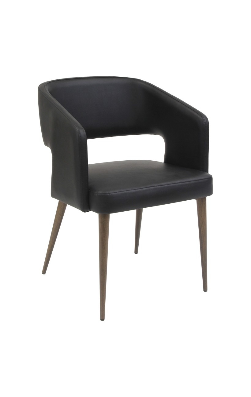 Open-Back Wood Grain Metal Framed Chair with Black Vinyl Seat and Back.