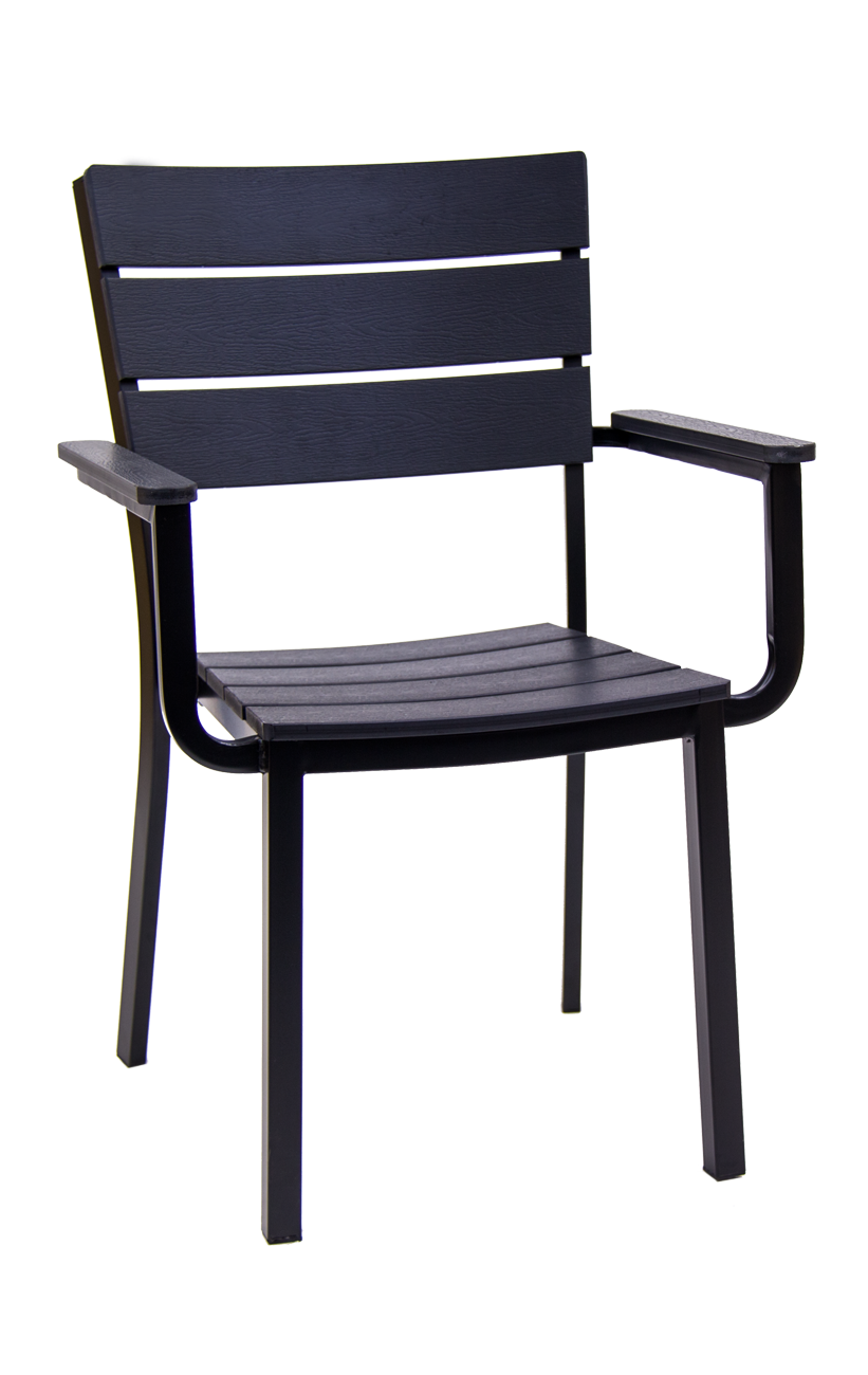 Metal Outdoor Chair w/Black Imitation Teak Slat Back & Seat