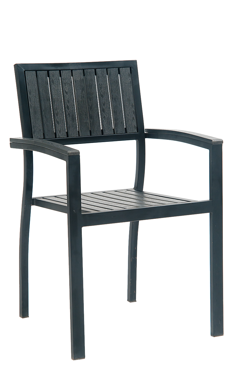Outdoor Metal Armchair w/Imitation Teak Slats in Black Outdoor