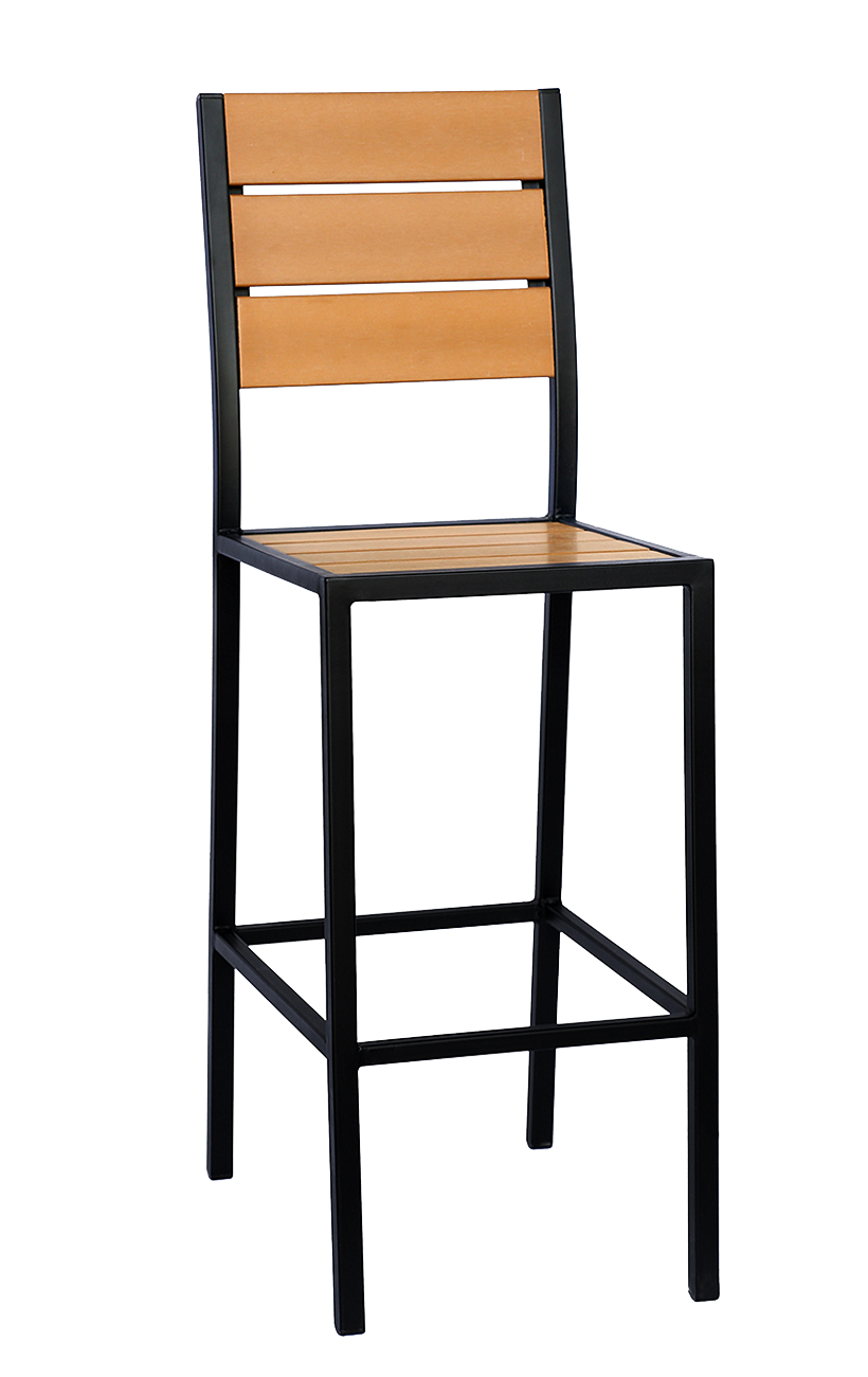 Black Steel Barstool with Horizontal Imitation Teak Slat Back & Seat