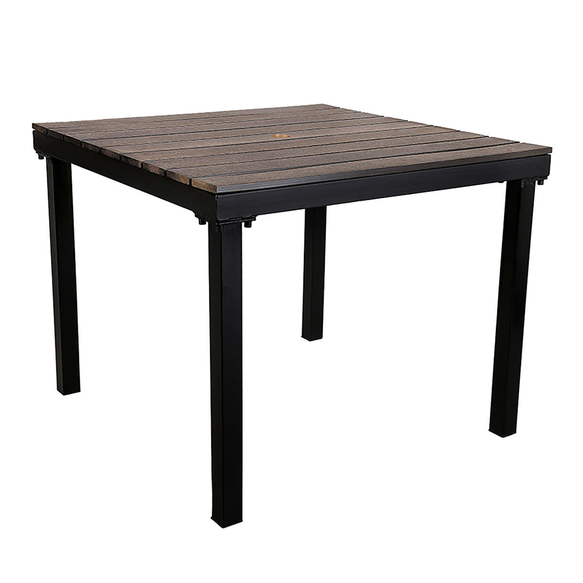 36"x36" Black Steel Table with 1.5" Umbrella Hole, Dark Brown Imitation