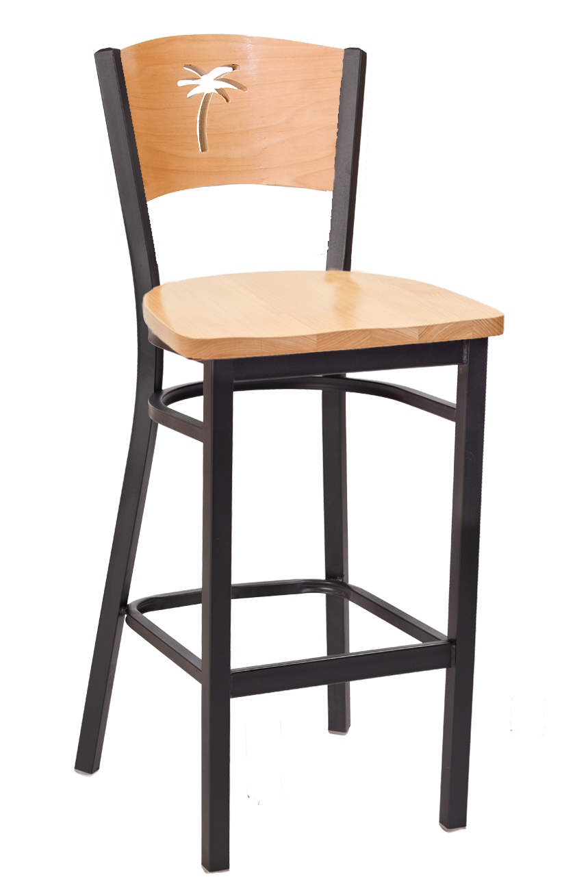 Palm Tree Cutout Wooden Seat Metal Barstool w/ Natural Seat & Back Veneer Back Metal Bar